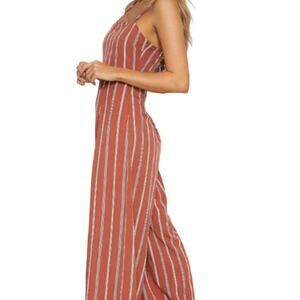Hem & Thread Rayon Burnt Orange Striped Wide Leg V Neck Jumpsuit Medium